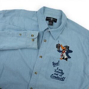 Vintage 90s Warner Bros Daffy Duck Denim Shirt Mens XL Blue Embroidered Chambray